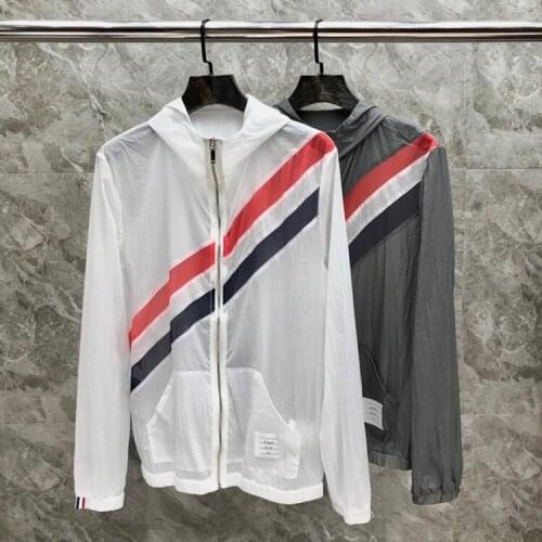 2021 Fashion TB Thom Brand Jacket Men Uv Sun Protective Summer Thin Sports Coat Casual Hooded Patchwork Sunscreen Clothing