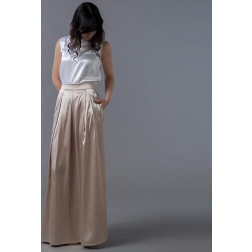Champagne Satin Long Skirt with Pockets 2018 Smooth Pleated Maxi Skirt for Women to Office Floor Length Formal Lady Skirt Saia