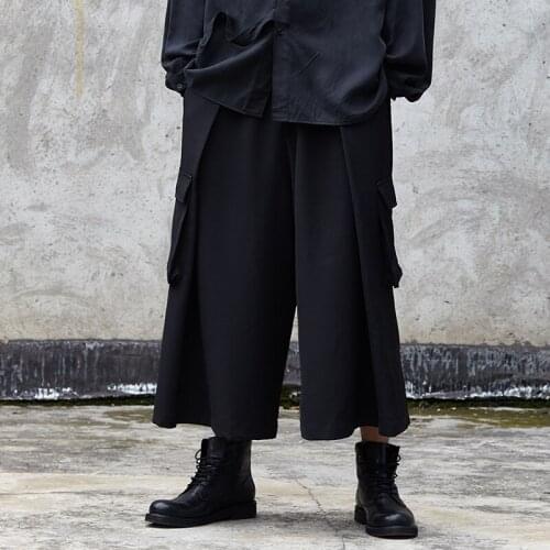 Mens nine minute trousers spring/summer new Yamamoto style Dark Black Japanese culottes low crotch wide leg trousers for men