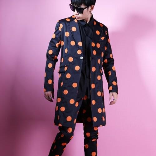 Hot New Nightclub Male Singer New Personality Orange Wave Point Long Suit Tide Men Slim Suits Bar Hairdresser Dress Jacket S-5xl