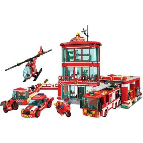 QWZ City Fire Station Building Blocks Firefighter Figures City Truck Enlighten Bricks Toys for Children Gift
