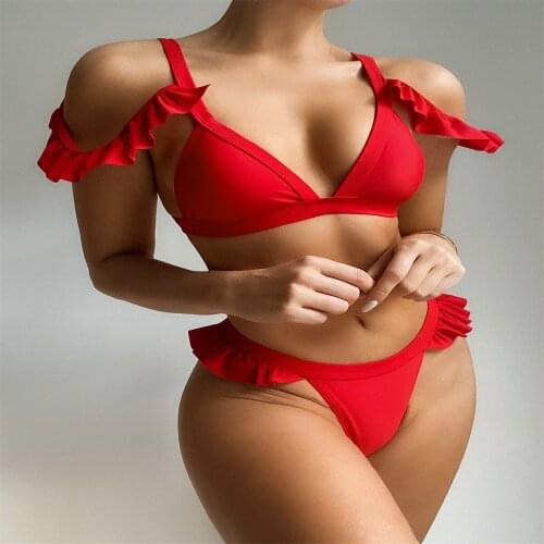 Women Sexy Red Low-Cut Hollow Ruffled Adjustable Strap Swimsuit Hot High-Waist Beach Quick-Drying Backless Split Bikini Swimwear
