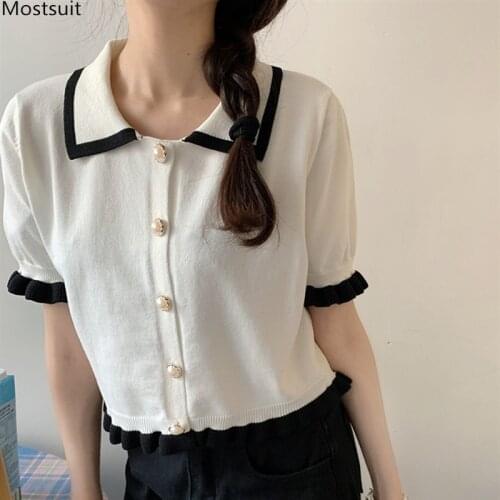 Summer Fashion Tops Women Elegant Vintage Thin Knitted T-shirt Korean Single-breasted Tshirt With Pockets Ropa Mujer 2021