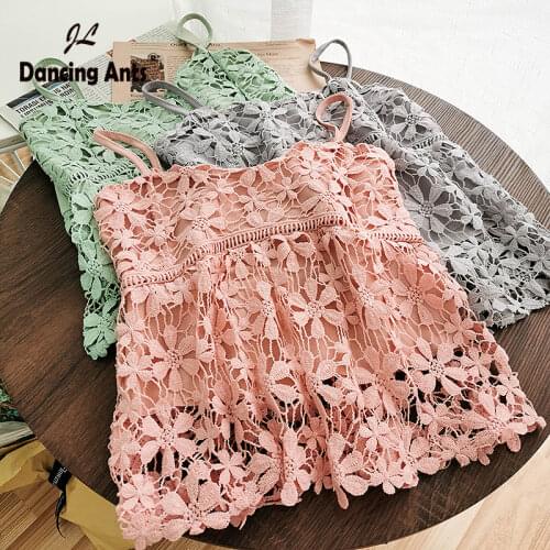 Camis For Women Sexy Strap Tank Tops Slash Neck Sleeveless Hollow Out Patchwork Floral Crop Top Female Summer Dropshipping