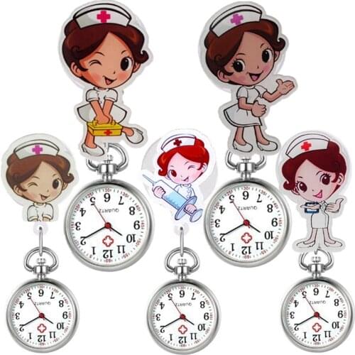 Cartoon lovely 3D nurse doctor pocket watches fashion Pediatrics women ladies mens Clip Brooch Retractable quartz gift watches