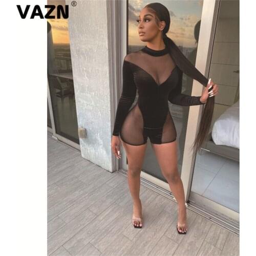 VAZN 2020 New Arrival Patchwork Lace Sexy Club Open Black Backless Round Neck Full Sleeve Women High Waist Skinny Playsuits