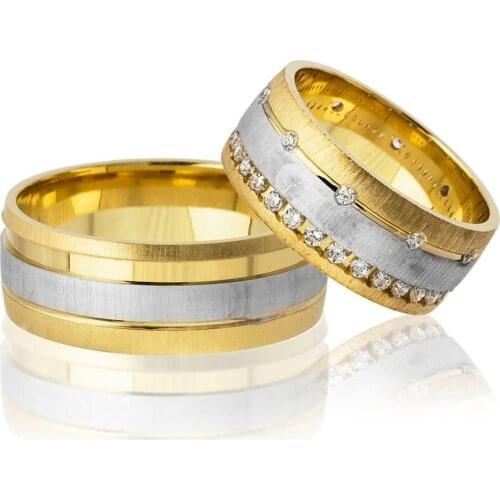 Tesbihane Tek Stripe Design Gold-Gray Color 925 Sterling Silver Couple Wedding Rings