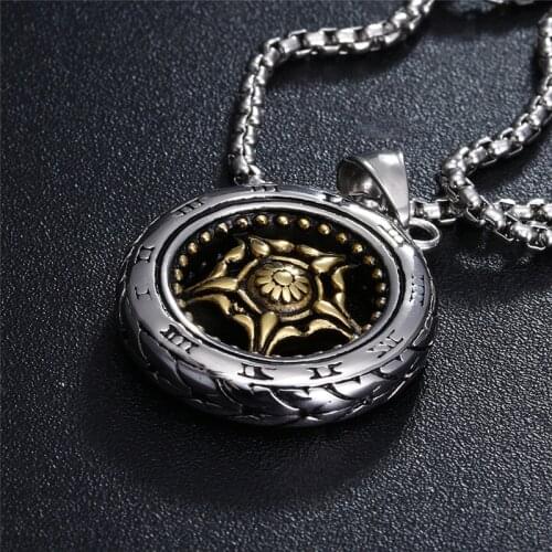 Gothic Roman Words Wheel Tires Design Pendant Necklace Titanium Stainless Steel Necklaces Male Punk Cool Jewelry