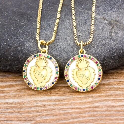 Classic Sacred Heart of Jesus Copper Zircon Colorful Necklace Charm Party Wedding Anniversary Jewelry Gifts For Women Girl
