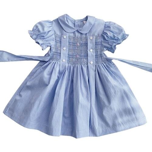 Baby girl summer Handmade Smocking plaid dress Children Peter Pan Collar puff sleeve birthday party princess dress