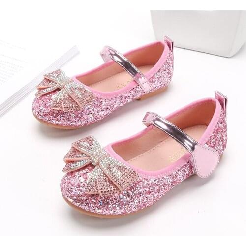 Girls Princess Shoes Kids Leather Shoes Childrens Single Shoes Bow-knot Silver Pink Blue 2021 Spring New Size 24-35 E512