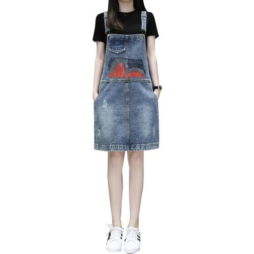 Summer Hong Kong flavor retro loose large size fat sister denim suspender dress female student a word aging short dress tide