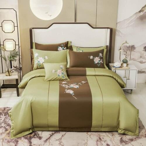 PAPA&MIMA Embroidered Egyptian Cotton Bedding Set Green Queen King Double Size Linens (Flat Fitted Sheet Pillowcase Duvet Cover)