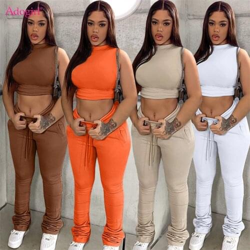 Adogirl Women Solid Two Piece Sets Tracksuit Sleeveless Crop Tank Top Vest Stacked Pants 2021 Autumn Winter Fashion Sport Suit