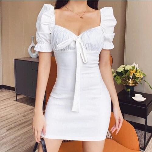 Uclio White Casual Solid Color Women Dress Bandage Ruched Summer Mini Dress Office Puff Sleeve High Street Ladies Dresses
