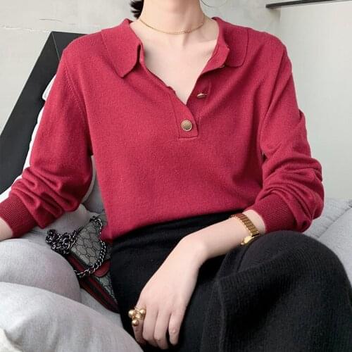 Spring and Autumn New Red Wool Sweater Blouse Collar Pullover Long Sleeve Lapel Loose Wild Sweater Bottoming Shirt Large Size