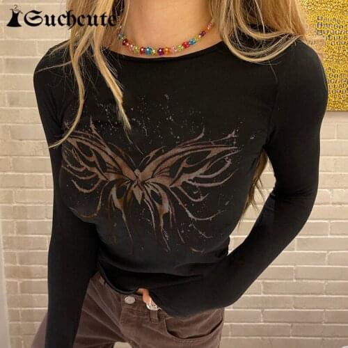 SUCHCUTE Gothic Printed Women T-Shirts Slim Long Sleeve Black Crop Tops Harajuku Casual Vintage Female Tee Shirts Punk Clubwear