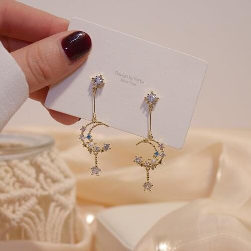 Shiny Side New Accessories Crystal Pierced Moon Stud Earrings for Women Fashion Jewelry Elegant Zirconia Long Earrings