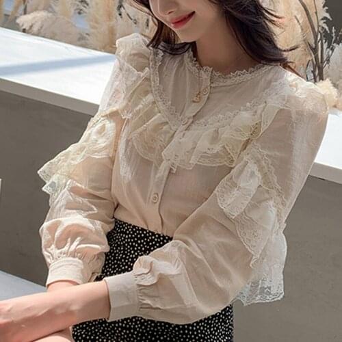 Womens Tops And Blouses 2021 Ladies Tops Chiffon Blouse Button Solid Stand Lace Tops For Women Shirts Blusas Femininas 8049 50