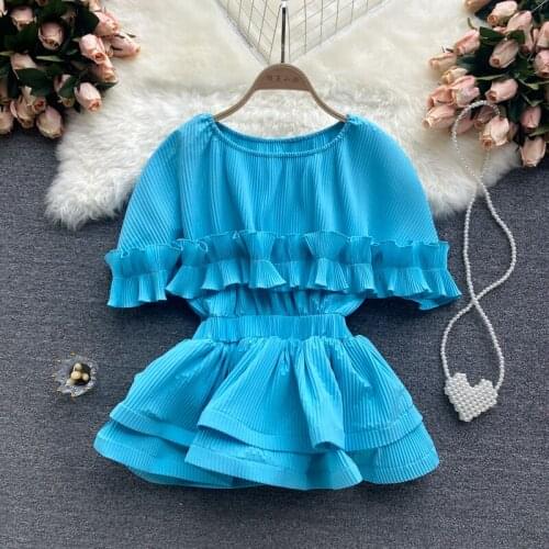 2021 summer new womens pleated wood ear elastic waist slimming lotus leaf swing chiffon top