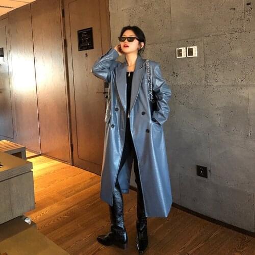 Mid-length Faux PU Leather Trench Coat Women Haze Blue Crocodile Pattern Loose Casual Autumn 2021 Korean Notched Collar Fashion