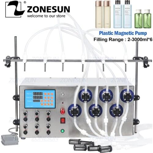 ZONESUN 6Heads Plastic Magnetic Pump Beverage Perfume Water Juice Essential Oil Electric Digital Liquid Bottle Filling Machine