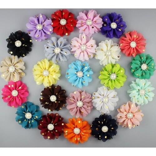 100 pcs/lot, Gold polka dot chiffon flower with Pearl - Ballerina ruffle flowers - Hair flower - Applique flowers