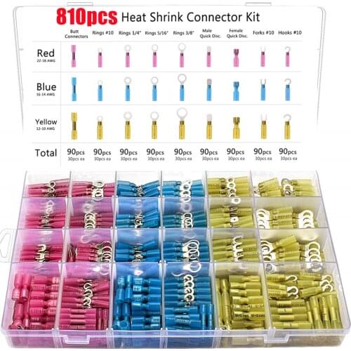 810pcs Heat Shrink Wire Connectors Insulated Electrical Crimp Ring Butt Spade Waterproof Marine Automotive Terminals Kit