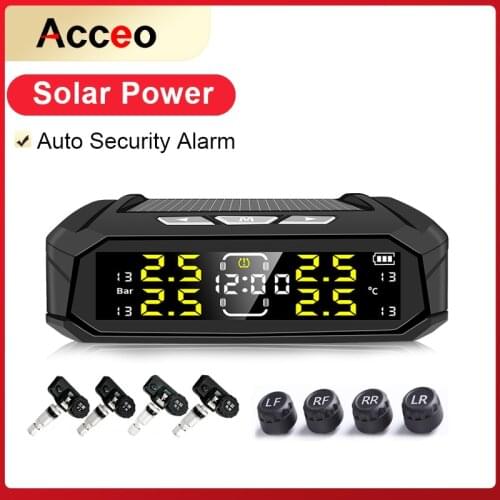 Acceo K19 TPMS Wireless Car Tire Pressure Monitoring System Solar Power Clock LCD Display 4 External Sensor Tire Pressure Sensor