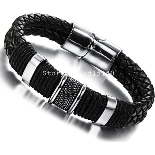 Top Quality Stainless Steel Bracelets Bangles Mens Gift Black Genuine Leather Magnetic Buckle Fashion Men Jewelry Free Shipping