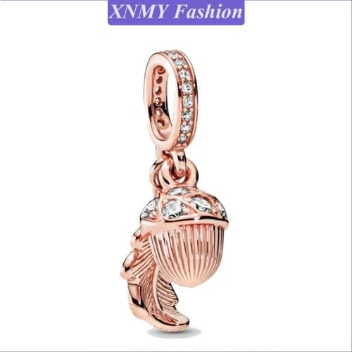 2021 New Rose Gold Color Acorn & Leaf Dangle Charm Beads Fit Original Pandora Bracelet Diy Women Jewelry Making