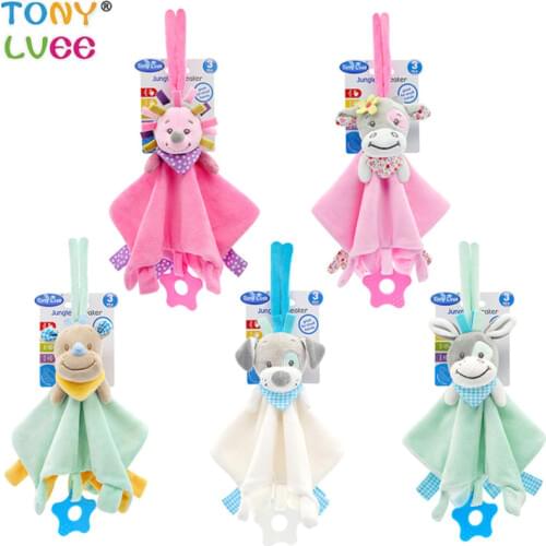 Baby stuffed animal soothe blanket with teether lion Security Blanket cow pacify towel newborn animals teether appease blanket