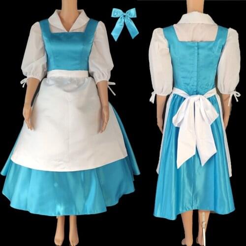 Beautiful Girl And Beast Princess Belle Viallage Maid Dress Fancy Halloween Carnival Ball Gown Adult Women Cosplay Costume