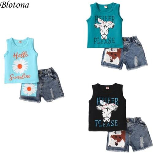 Blotona Kids Summer Casual 2Pcs Clothes Set, O-Neck Printed Vest +Elastic Waist Denim Shorts, Black/ Green/ Blue 1-5Years