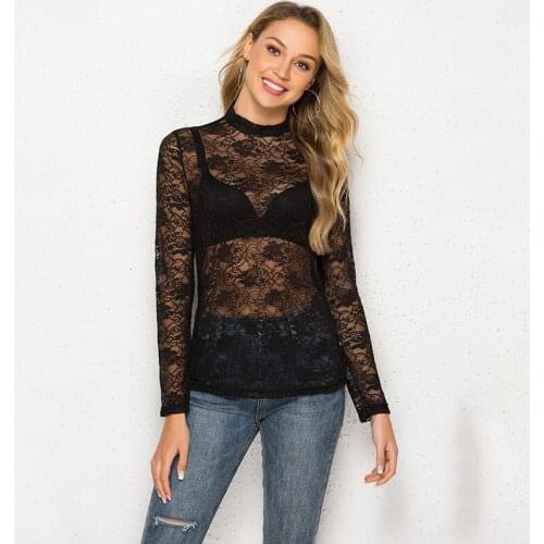2020 New Summer Sexy Perspective Women T Shirt Fashion Lace Solid Color Hollow Out Stand Neck Long Sleeve Tee Top For Ladies