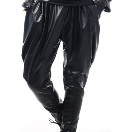 M-3XL ! 2016 Mens new fashion singer DJ club bigbang GD elastic leather pants black costumes harem pants costume trousers