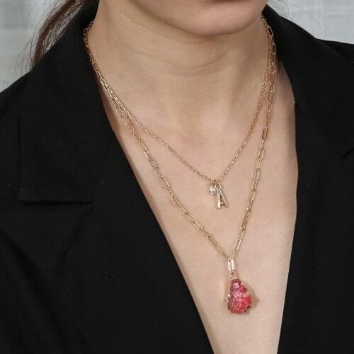 Minar Wholesale Irregular Waterdrop Stone Pendant Necklace for Women Layered Hollow Linked Chain Letter Pearl Chokers Necklaces