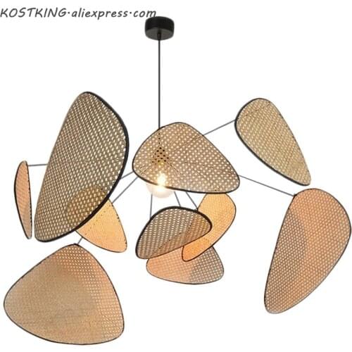 Simplicity Chandelier Southeast Asia Living Room Lighting Dining Room Chandelier Creative Leaf Grid Rural Hand Made Rattan Lamp