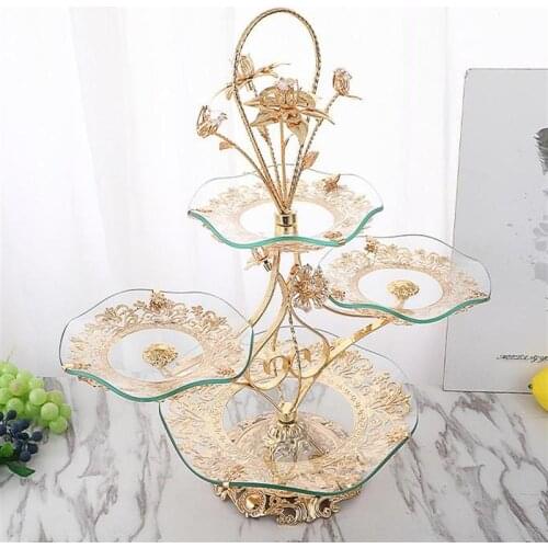 Luxurious Crystal Fruit Tray Multi-Layer European Cake Tray Birthday Party Gift Kitchen Storage Tray Candy Holder (Golden)