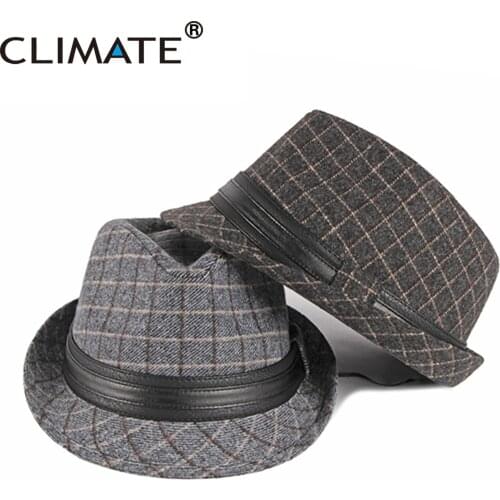 CLIMATE Men Plaid Jazz Hat Fedora Checks Formal Hats Cap for Man Winter Polyester Woolen Fedoras Hat Fedora Hat Gentleman