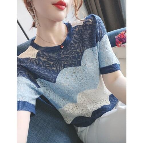 ShuaiFen be dyed blue mist western style show white summer new hollow out female ice silk knitted T-shirt with short sleeves
