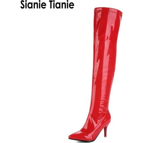 Sianie Tianie patent PU leather pointed toe high heels sexy woman shoes club party women boots over the knee high boots size 48