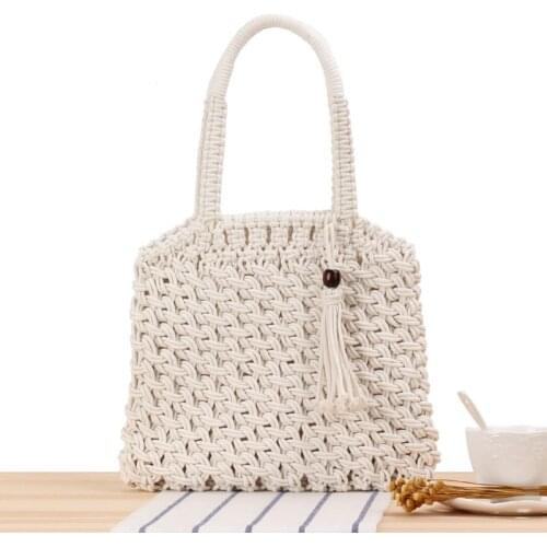 Handmade Cotton Rope Straw Handbag Vintage Tassel Summer Beach Tote High Quality Casual Bohemian Rattan Shoulder Shopping Bag