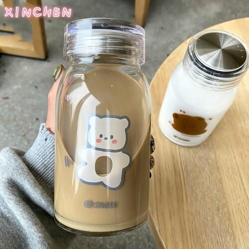 450ml Cute Cartoon Bear Glass Water Bottle Thick Heat Resistance Drinking Bottles Milk Coffee Tumblers for Women Student