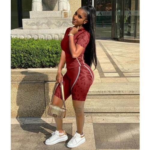 Workout Tracksuits Womens 2PCS Athletic Outfits Camouflage Printed Zipper Short Sleeve T Shirt Top+Skinny Biker Jogger Shorts