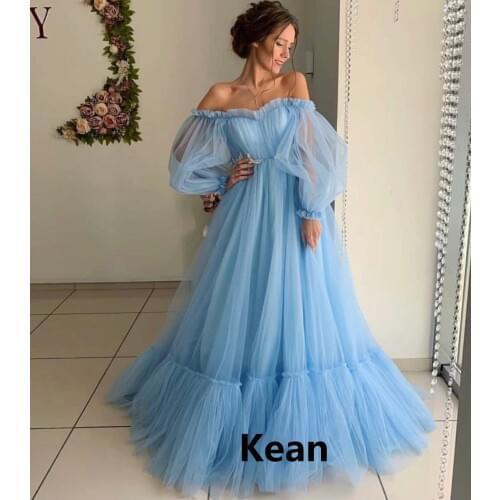 Off Shoulder Evening Dress Tulle Ruffle Puff Sleeve robe soiree Islamic Dubai Kaftan Saudi Arabic Evening Gown Boho Prom Dress
