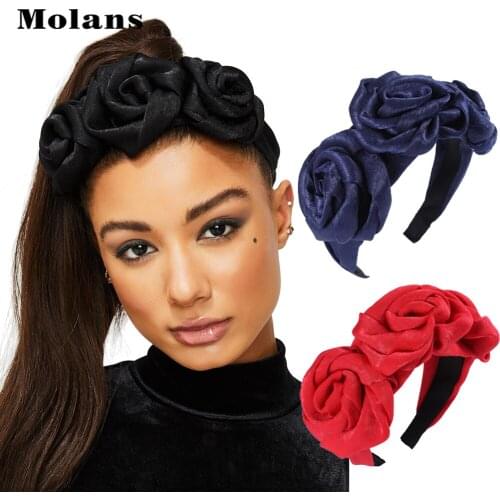 Molans Satin Faille Triple Rosette Headband For Women Handmade Solid Three Rose Fabric Fashion Head Hoop Girl’s Hair Accessories