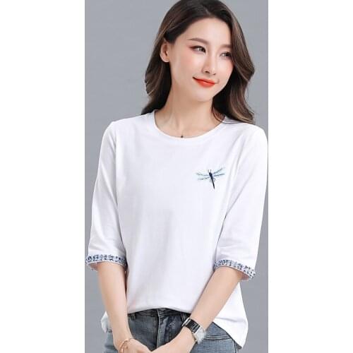 2021 New Embroidered Dragonfly Design Simple Summer T-Shirt for Women 100% Cotton Korean Version Loose Regular Middle Sleeves