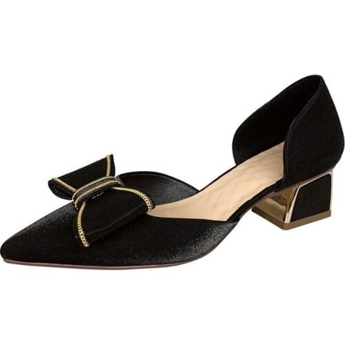 2021 Xia Xin bow knot fairy high heels pointed thick heel temperament professional womens shoes