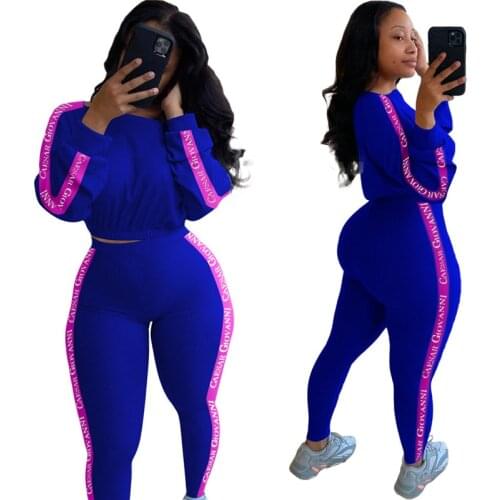 Women 2 Piece Set Fall Clothing Suit Letter Patchwork Ribbed Bodycon Outfits Tracksuit Matching Set Girl Wholesale Dropshpping